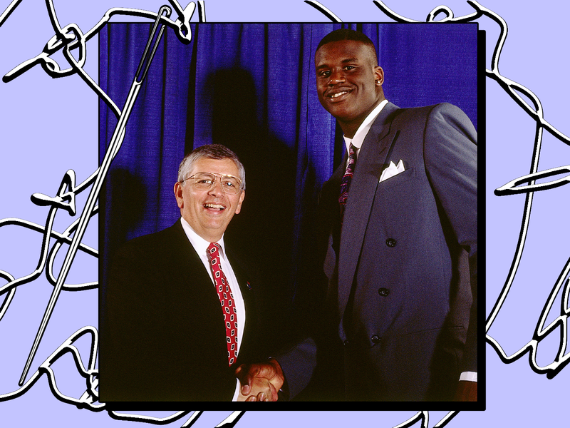 Image may contain: Shaquille O'Neal, David Stern, People, Person, Accessories, Formal Wear, Tie, Clothing, Suit, and Blazer