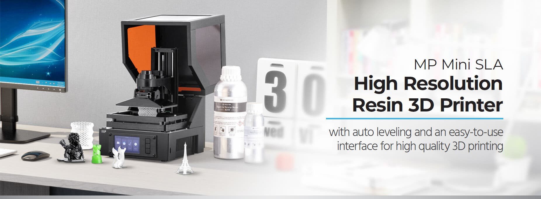 MP Mini SLA LCD High Resolution Resin 3D Printer with auto leveling and an easy-to-use interface for high quality 3D printing Shop Now