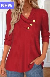 Red Button Long Sleeve V Neck T Shirt