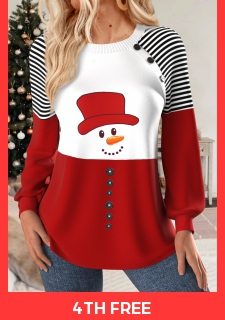 Christmas Multi Color Patchwork Snowman Print Long Sleeve Sweatshirt