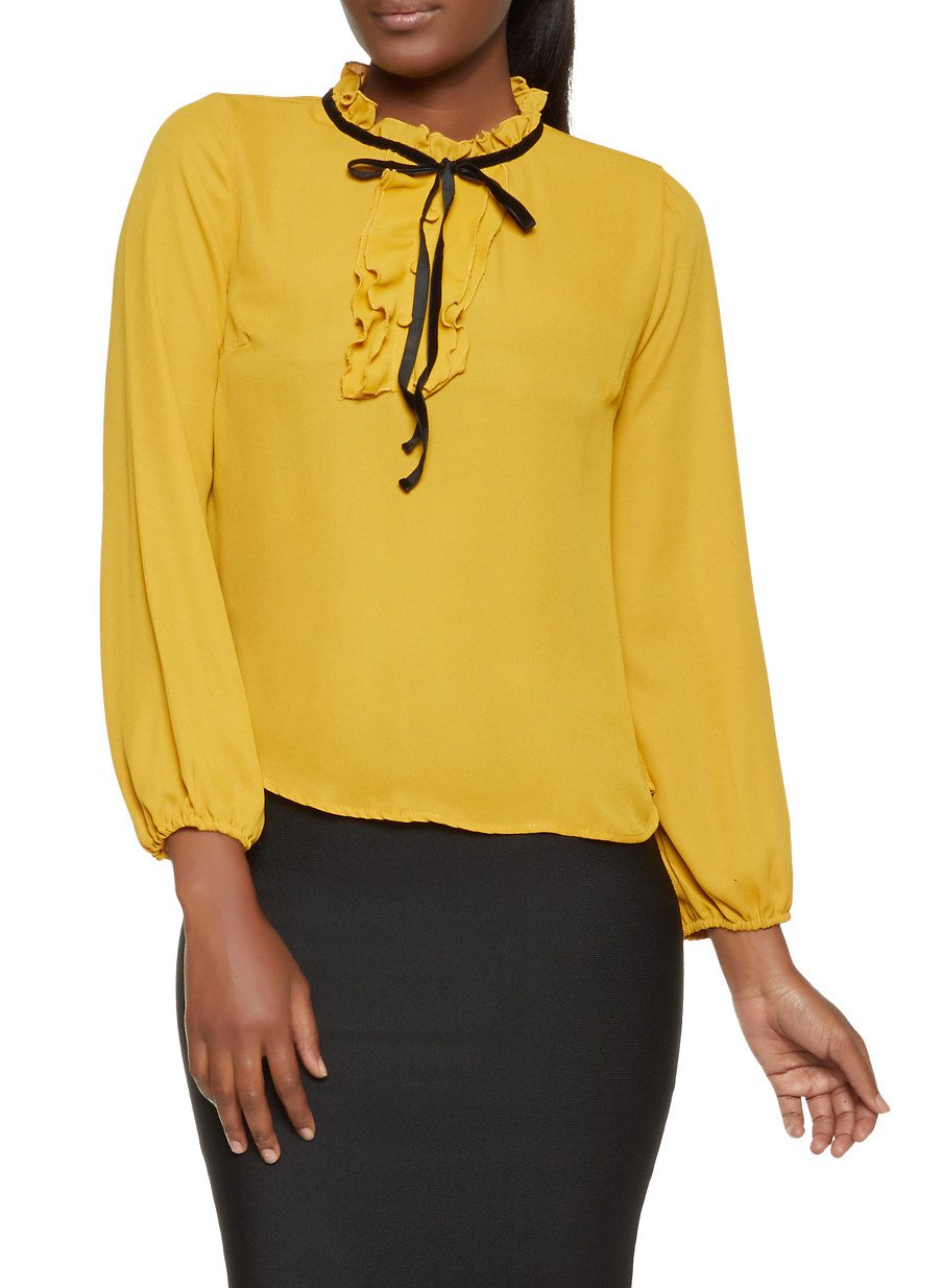 Contrast Tie Neck Ruffled Blouse