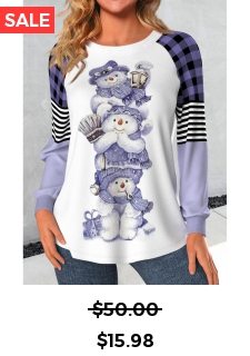 Plus Size Light Purple Patchwork Snowman Print T Shirt