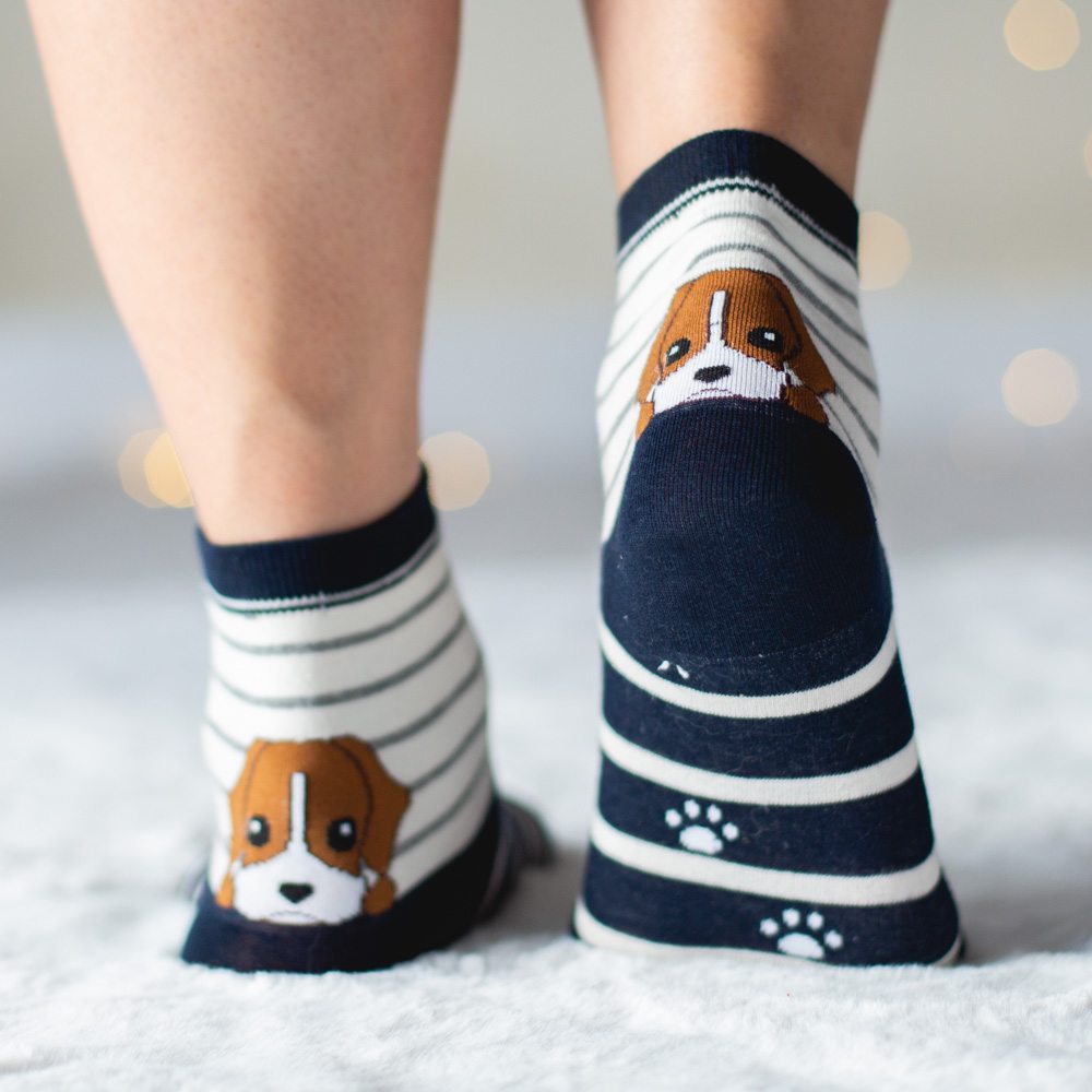 Image of Peekaboo Puppy Navy Striped Socks