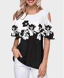 Cold Shoulder Color Block Flower Print T Shirt