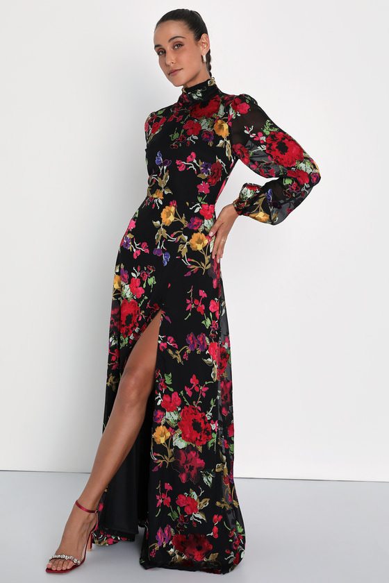 Image of Graceful Arrival Black Floral Burnout Backless Maxi Dress