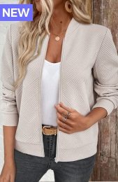 Beige Textured Fabric Long Sleeve Stand Collar Jacket