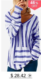 Pocket Long Sleeve Striped Hooded Collar T Shirt