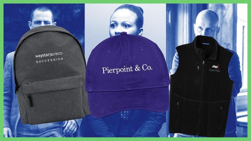 Photos of characters Kendall Roy of Succession, Harper Stern of Industry, and Dollar Bill of Billions overlaid with merch from the show