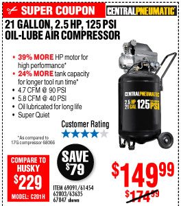 21 gal. 2.5 HP 125 PSI Cast Iron Vertical Air Compressor