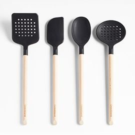 Crate & Barrel Black Silicone and Wood Utensils, Set of 4