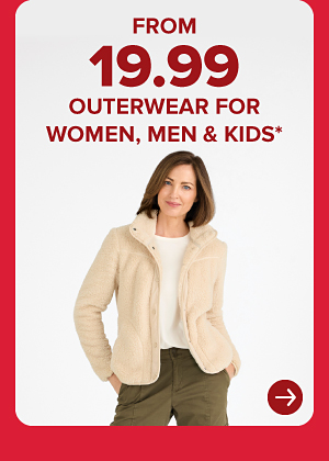 A woman in a beige coat. From 19.99 outerwear for women, men and kids.