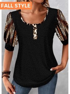 Black Patchwork Leopard Half Sleeve Scoop Neck Blouse