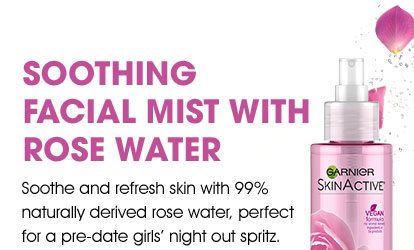 SOOTHING FACIAL MIST WITH ROSE WATER - Soothe and refresh skin with 99% naturally derived rose water, perfect for a pre-date girls' night out spritz.