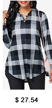 Plaid Print Long Sleeve Curved Blouse