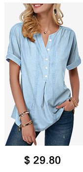 Roll Sleeve Button Front Split Neck Blouse