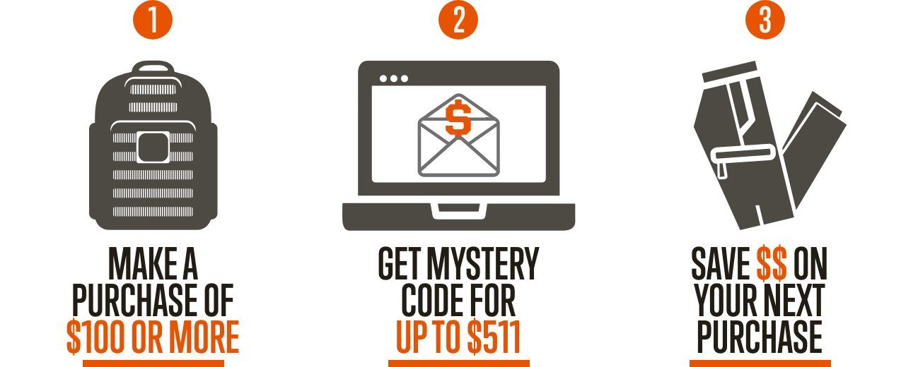 Make a purchase of $100 or more, get mystery code for up to $511, save $$ on your next purchase