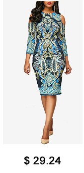 Printed Round Neck Cold Shoulder Sheath Dress