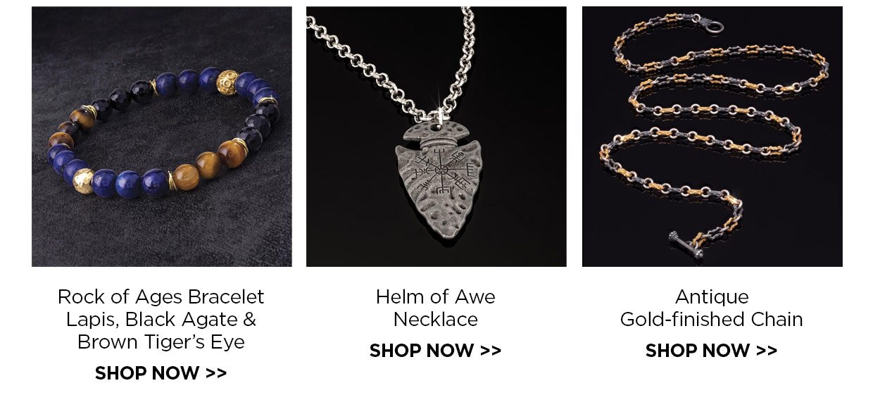 Rock of Ages Bracelet Lapis, Black Agate & Brown Tiger's Eye. Helm of Awe Necklace. Antique Gold-finished Chain. Shop Now link.