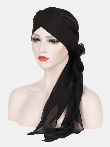 Beanie Hat Solid Color Fashion Chiffon With Long Tail 