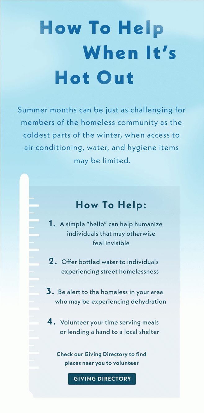 How to help when it's hot out. Summer months can be just as challenging for members of the homeless community as the coldest parts of the winter, when access to air conditioning, water, and hygiene items may be limited. How to help: A simple hello can help humanize individuals that may otherwise feel invisible. Offer bottled water to individuals experiencing street homelessness. Be alert to the homeless in your area who may be experiencing dehydration. Volunteer your time serving meals or lending a hand to a local shelter. Check our Giving Directory to find places near you to volunteer.