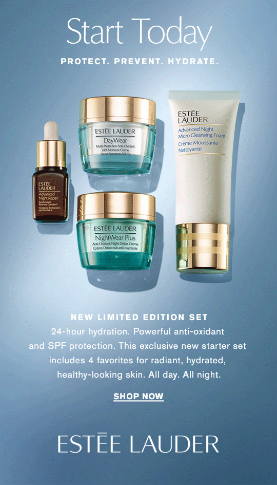 Start Today PROTECT. PREVENT. HYDRATE. NEW LIMITED EDITION SET 24-hour hydration. Powerful anti-oxidant and SPF protection. This exclusive new starter set includes 4 favorites for radiant, hydrated, healthy-looking skin. All day. All night. Shop Now »