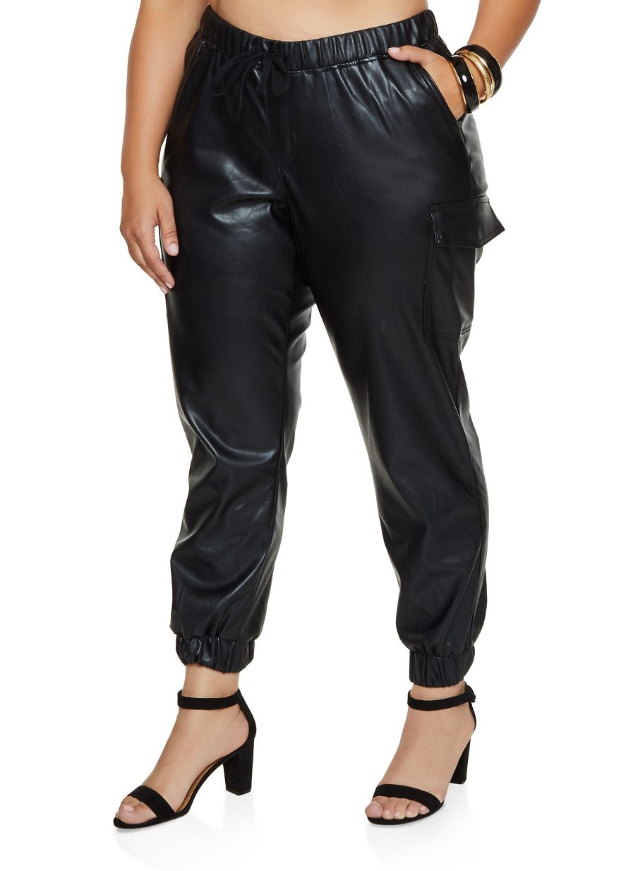 Plus Size Faux Leather Cargo Joggers