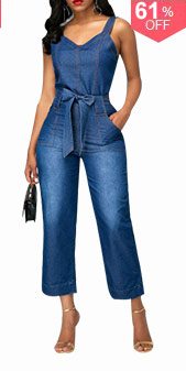 High Waist Open Back Pocket Blue Jumpsuit