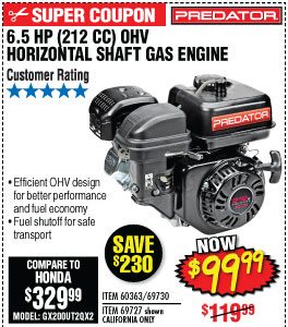 View 6.5 HP (212cc) OHV Horizontal Shaft Gas Engine EPA/CARB