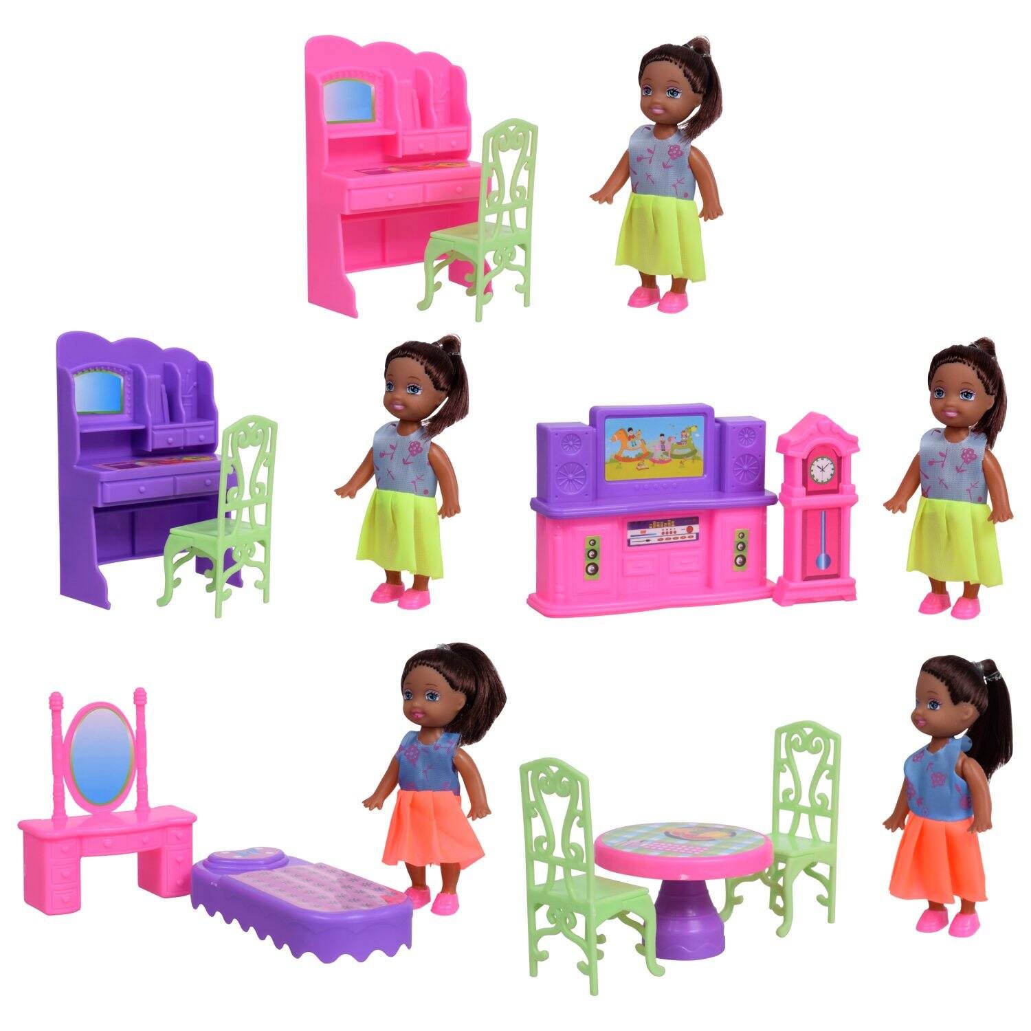 African-American Mini Dolls with Doll House Furniture Sets