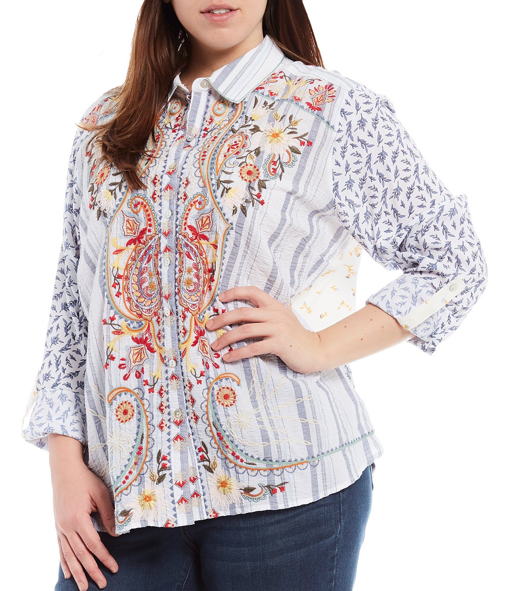 John Mark Plus Size Roll Tab Button Front Embroidered Tunic