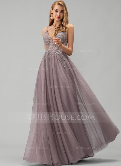 A-Line V-neck Floor-Length Tulle Prom Dresses With Lace Bead...