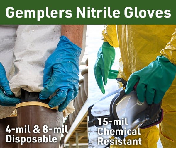 Gemplers Nitrile Gloves: 4-mil and 8-mil disposable, and 15-mil chemical resistant