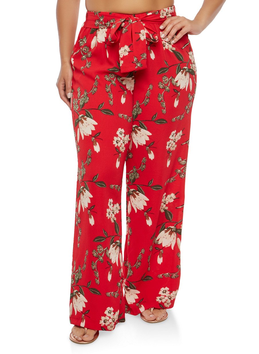 Plus Size Floral Tie Waist Palazzo Pants