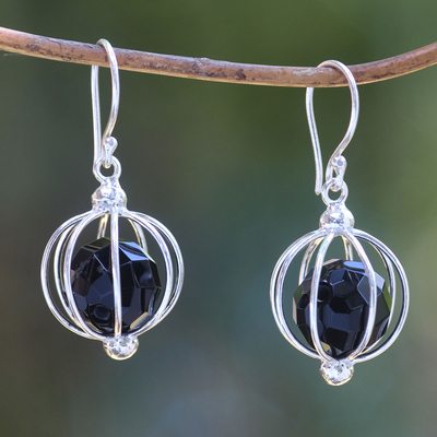 Image of Onyx dangle earrings, 'Silver Lantern'