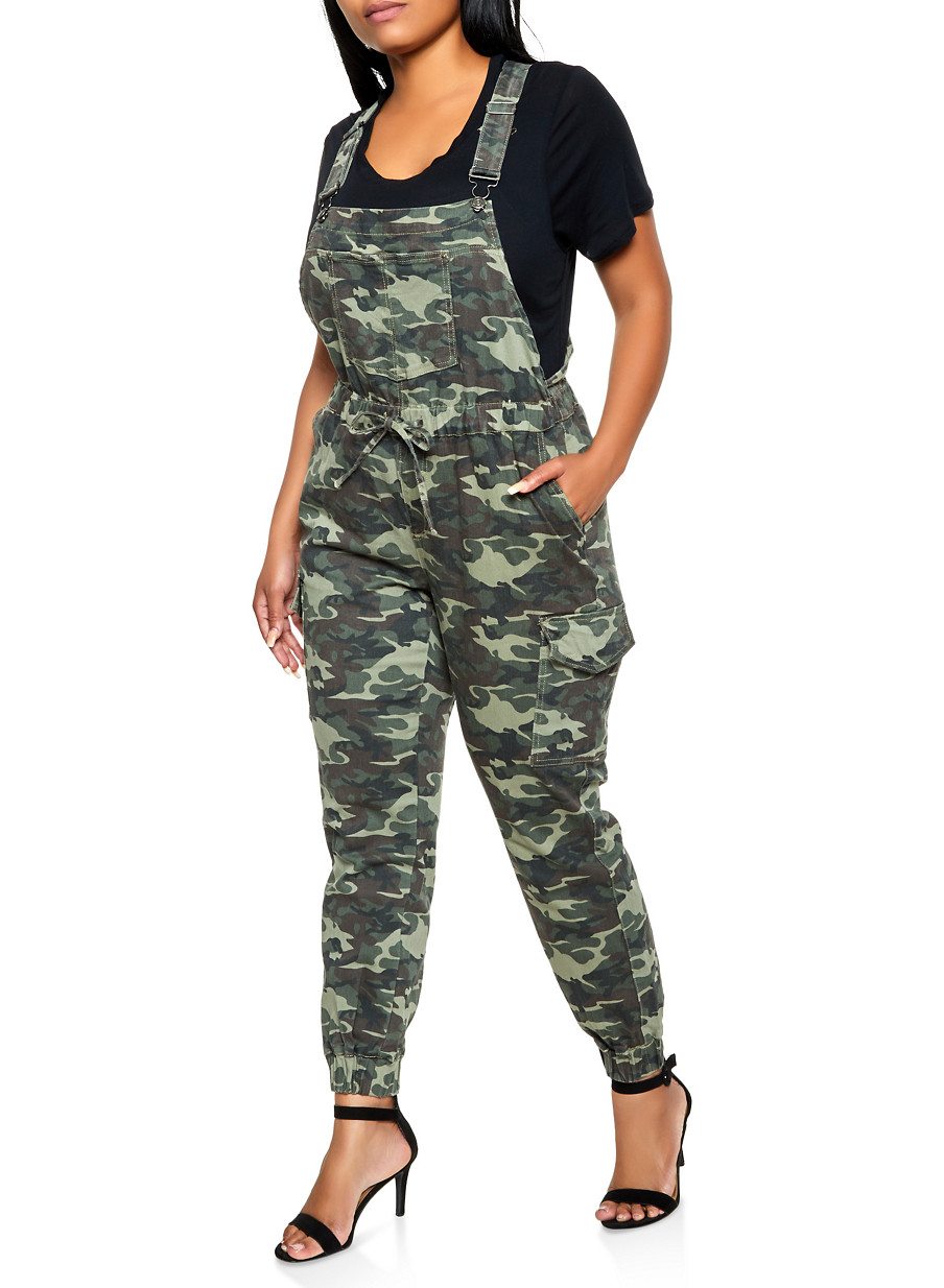 Plus Size Almost Famous Camo Denim Cargo Overalls