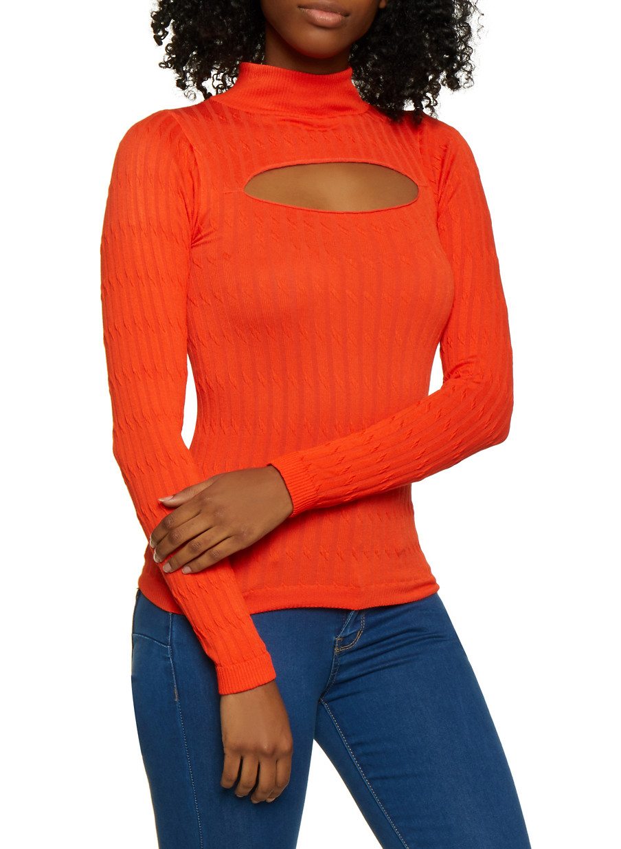 Cut Out Cable Knit Mock Neck Sweater