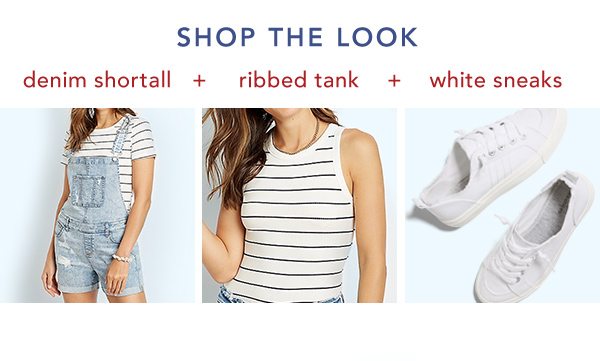 Shop the look: denim shortall + ribbed tank + white sneaks.