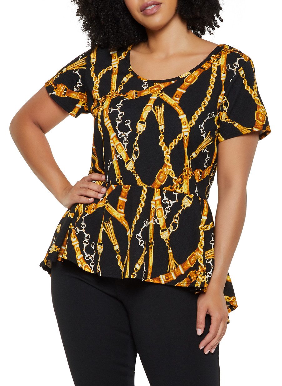 Plus Size Chain Print High Low Peplum Top