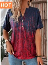 Button Ombre Wine Red Split Neck T Shirt