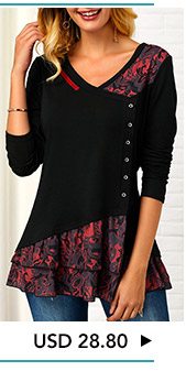 Button Front Printed V Neck T Shirt 