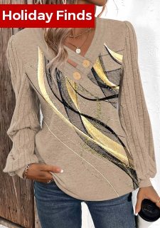 Light Camel Button Geometric Print Long Sleeve T Shirt