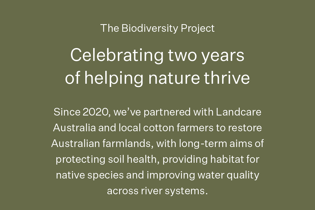Celebrating two years of helping nature thrive | Since 2020, we’ve partnered with Landcare Australia and local cotton farmers to restore Australian farmlands, with long-term aims of protecting soil health, providing habitat for native species and improving water quality across river systems.