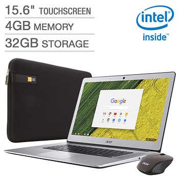 Acer 15.6-inch 1080p Touchscreen Chromebook, Intel Pentium Processor, 4GB Memory, 32GB Storage, Protective Sleeve and Wireless Mouse.