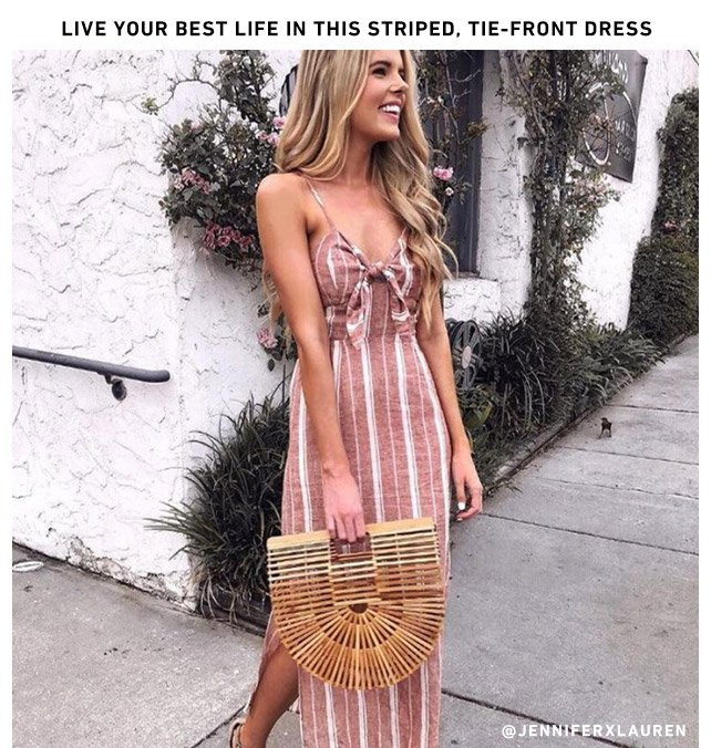 Live your best life in this striped, tie-front dress