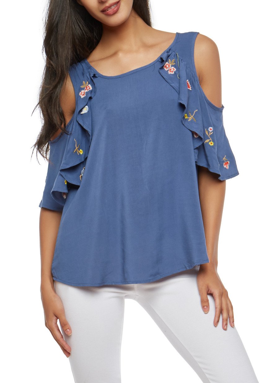 Embroidered Ruffled Cold Shoulder Top