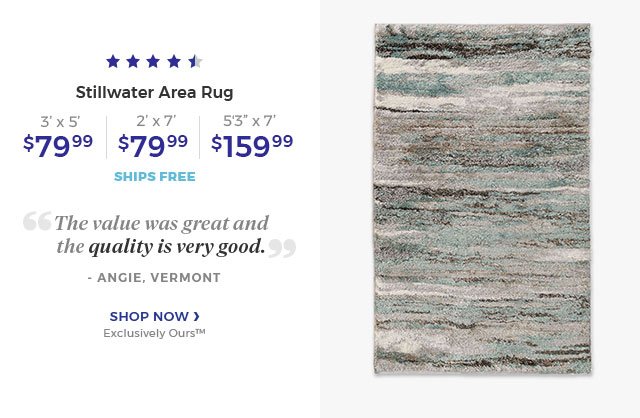 Stillwater Area Rug 3 * 5 $79.99 | 2 *7 $79.99 | 5'3 * 7 $159.99 ships free. Shop now