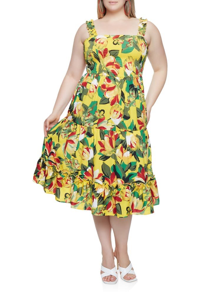 Plus Size Floral Print Smocked Midi Dress