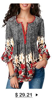 Printed Button Up Pleated Three Quarter Sleeve Blouse