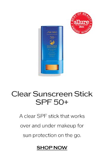 "Shop Clear Sunscreen Stick SPF 50+ A clear SPF stick that works over and under makeup for sun protection on the go."