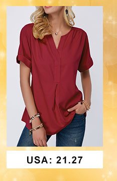 Split Neck Short Sleeve Wine Red Blouse